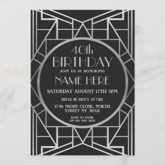 Zwanzigerjahre Kunst-Deko-Geburtstag Gatsby Silber Einladung