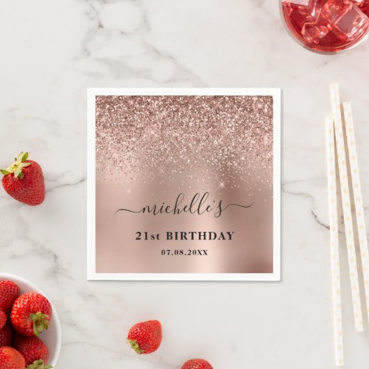 Zwanzigste Rose Gold Glitzer Name Serviette (Beispiel)