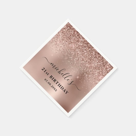 Zwanzigste Rose Gold Glitzer Name Serviette (Ecke)