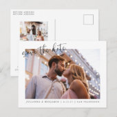Zwei 2 Foto Minimalistisches Skript Save the Date Postkarte (Vorne/Hinten)