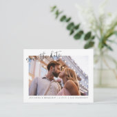 Zwei 2 Foto Minimalistisches Skript Save the Date Postkarte (Stehend Vorderseite)