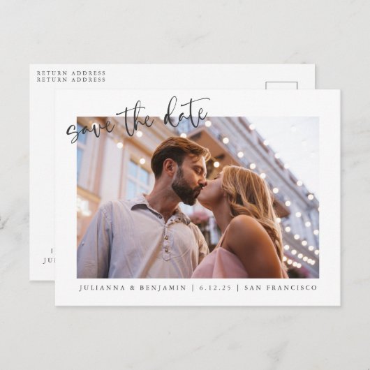 Zwei 2 Foto Minimalistisches Skript Save the Date Postkarte (Vorne/Hinten)