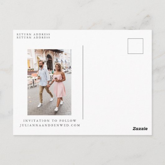 Zwei 2 Foto Minimalistisches Skript Save the Date Postkarte (Rückseite)