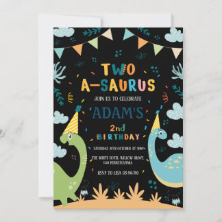 Zwei-a-saurus Schwarz Geburtstag Grün & Blau Dinos Einladung