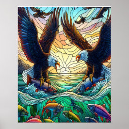 Zwei Adler mit Balden fangen Fisch über Wasser 16x Poster
