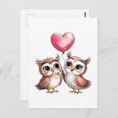 Zwei Adorable Owls mit Herzballon Postkarte (Vorne/Hinten)