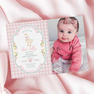 Zwei alberne Gans Rosa Schleife Mädchen 2. Geburts Einladung