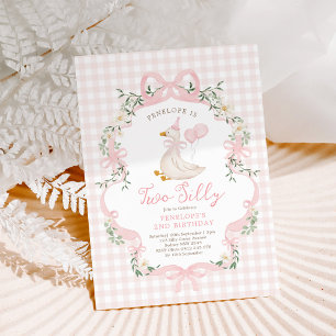 Zwei alberne Gans Rosa Schleife Mädchen 2. Geburts Einladung