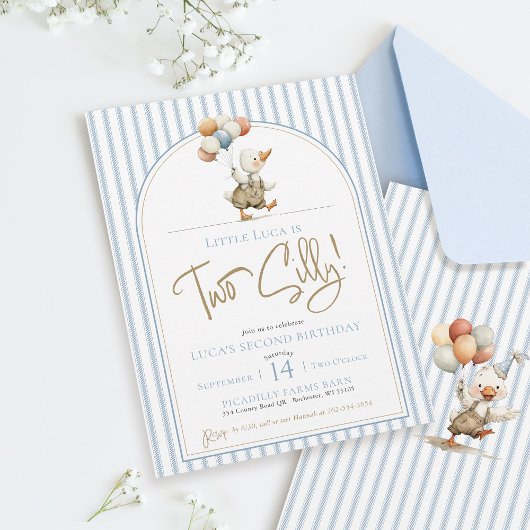 Zwei Alberne Gänse Niedlich Pinstripe Junge 2. Geb Einladung