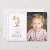Zwei Alberne Gänsepink Gingham Girl 2. Geburtstag Einladung (Vorderseite)