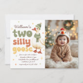 Zwei Alberne Gänseweihnachtsgrün 2. Geburtstag Fot Einladung (Vorderseite)