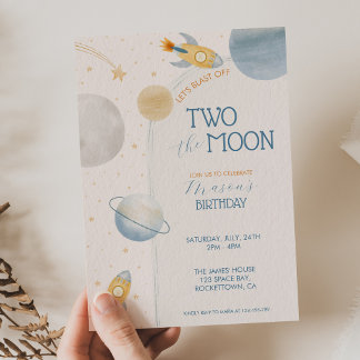 Zwei an den Mond Jungen Weltraum Rakete 2. Geburts Einladung