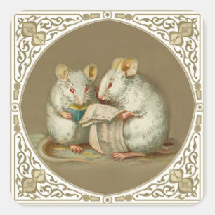 Zwei anthropomorphe weiße Mäuse Reading Quadratischer Aufkleber