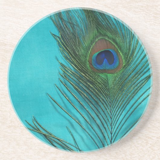 Zwei Aqua Peacock Feathers Sandstein Untersetzer (Vorne)