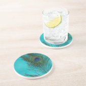 Zwei Aqua Peacock Feathers Sandstein Untersetzer (Seite)
