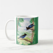 Zwei Aquarell-Stellar-Jay-Vögel Wald Bäume Kaffeetasse (Links)