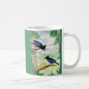 Zwei Aquarell-Stellar-Jay-Vögel Wald Bäume  Kaffeetasse