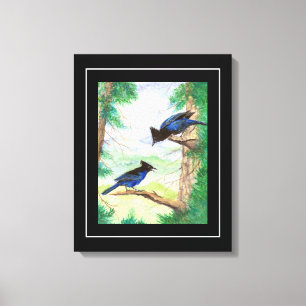 Zwei Aquarell-Stellar-Jay-Vögel Wald Bäume  Leinwanddruck