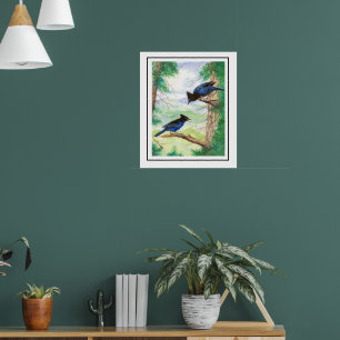 Zwei Aquarell-Stellar-Jay-Vögel Wald Bäume Poster