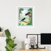 Zwei Aquarell-Stellar-Jay-Vögel Wald Bäume Poster (Heimbüro)