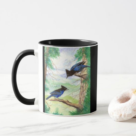 Zwei Aquarell-Stellar-Jay-Vögel Wald Bäume Tasse (Mit Donut)
