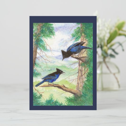 Zwei Aquarellbäume Stellar Jay Vogelwald Bäume Karte (Stehend Vorderseite)
