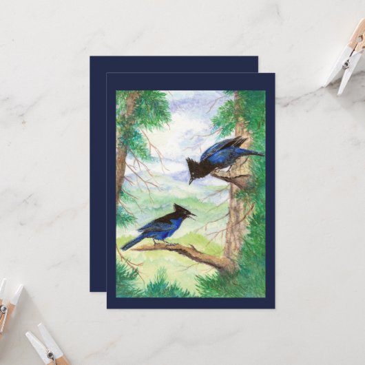 Zwei Aquarellbäume Stellar Jay Vogelwald Bäume Karte (Vorderseite/Rückseite Beispiel)
