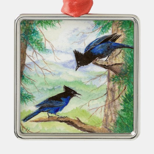 Zwei Aquarellbäume Stellar Jay Vogelwald Bäume Ornament Aus Metall (Vorne)
