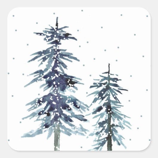 Zwei Aquarellkiefern Winter Pine Trees 2 Quadratischer Aufkleber (Vorderseite)