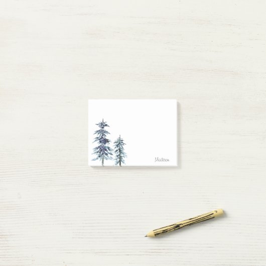 Zwei Aquarellkiefern Winter Pine Trees Post-it Klebezettel (Auf Schreibtisch)