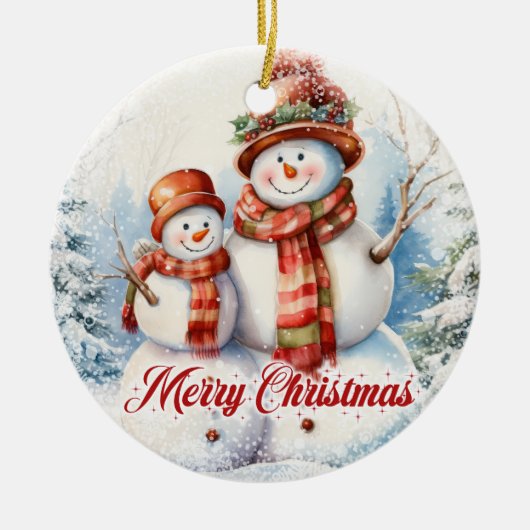 Zwei Aquarellschneemann im Schnee Keramik Ornament (Vorne)