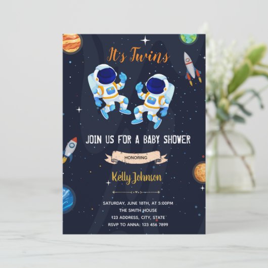 Zwei Astronauten: Einladung zur Babydusche (Stehend Vorderseite)