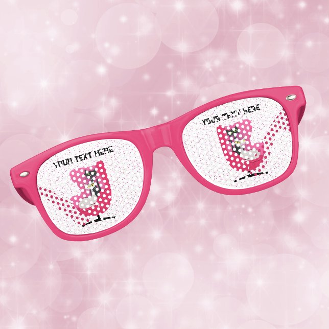Zwei Atomkatzen in hellrosa Stuhl Polka Dots Partybrille (1950s style cats in pink chair on  white with pink polka dots on retro party glasses.)