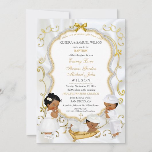 Zwei Baby Boys & Girl Taufe Christening Gold Einladung (Vorderseite)