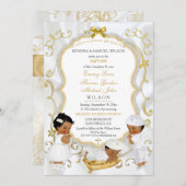 Zwei Baby Boys & Girl Taufe Christening Gold Einladung (Vorne/Hinten)