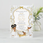 Zwei Baby Boys & Girl Taufe Christening Gold Einladung (Stehend Vorderseite)