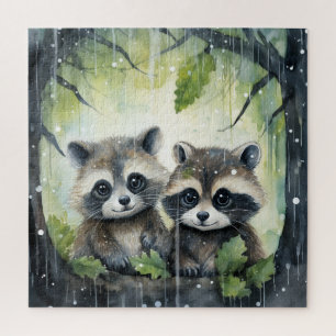 Zwei Baby-Waschbären im Regen Puzzle
