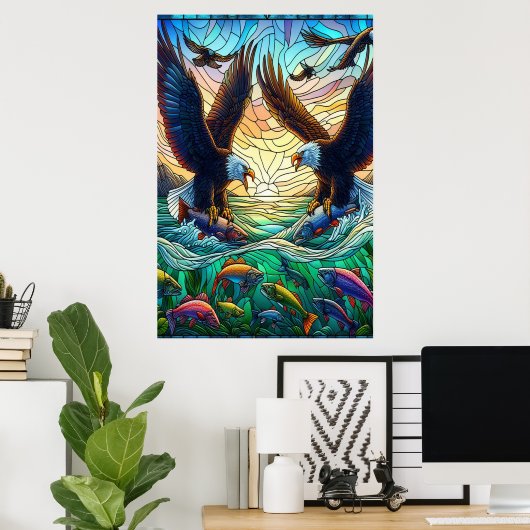 Zwei Bald-Adler fangen Fisch über einen pulsierend Poster (Heimbüro)