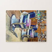 Zwei Barberstühle mit rosa gestreiften Barberkappe Puzzle (Horizontal)