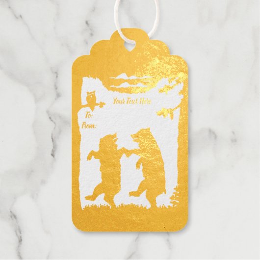 Zwei Bären tanzen unter Baumschüssel auf Zweig Geschenkanhänger (Vorderseite)