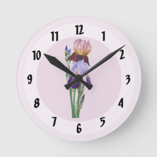 Zwei Bart-Iris Eine Marone Eine Violette Runde Wanduhr