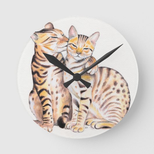 Zwei Bengalische Katzen Wasserfarben Kunst Runde Wanduhr (Vorderseite)