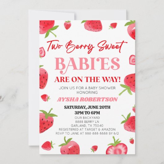 Zwei Berry Sweet Babies Strawberry Twin Baby Dusch Einladung (Vorderseite)