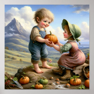 Zwei bezaubernde alte Munchkins auf einem Kürbisfe Poster