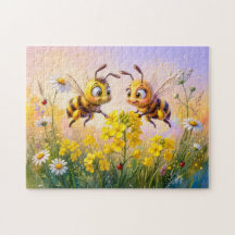 Zwei Bienen bestäuben Raps in Comic-Illustration
