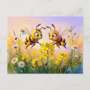 Zwei Bienen bestäuben Raps in einer Comic-Illustra Postkarte