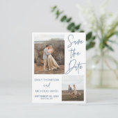 Zwei Bilder Save the Date Postkarte in Dusty Blue (Stehend Vorderseite)