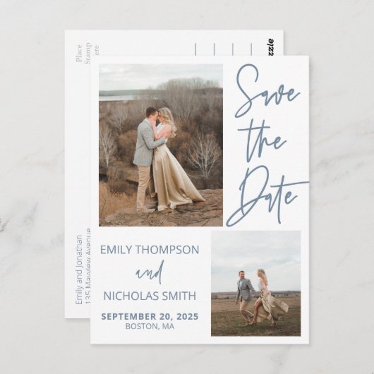 Zwei Bilder Save the Date Postkarte in Dusty Blue (Vorne/Hinten)