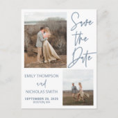 Zwei Bilder Save the Date Postkarte in Dusty Blue (Vorderseite)