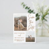 Zwei Bilder Save the Date Postkarte in Gold (Stehend Vorderseite)